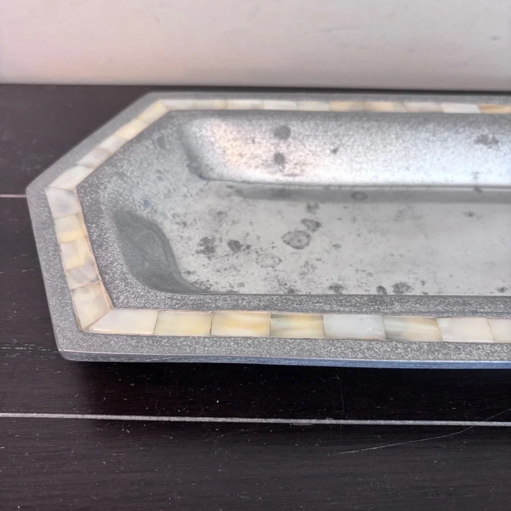 Silver Aluminum Tray | Mother of Pearl Mosaic Inlay Border‎ | Made in India